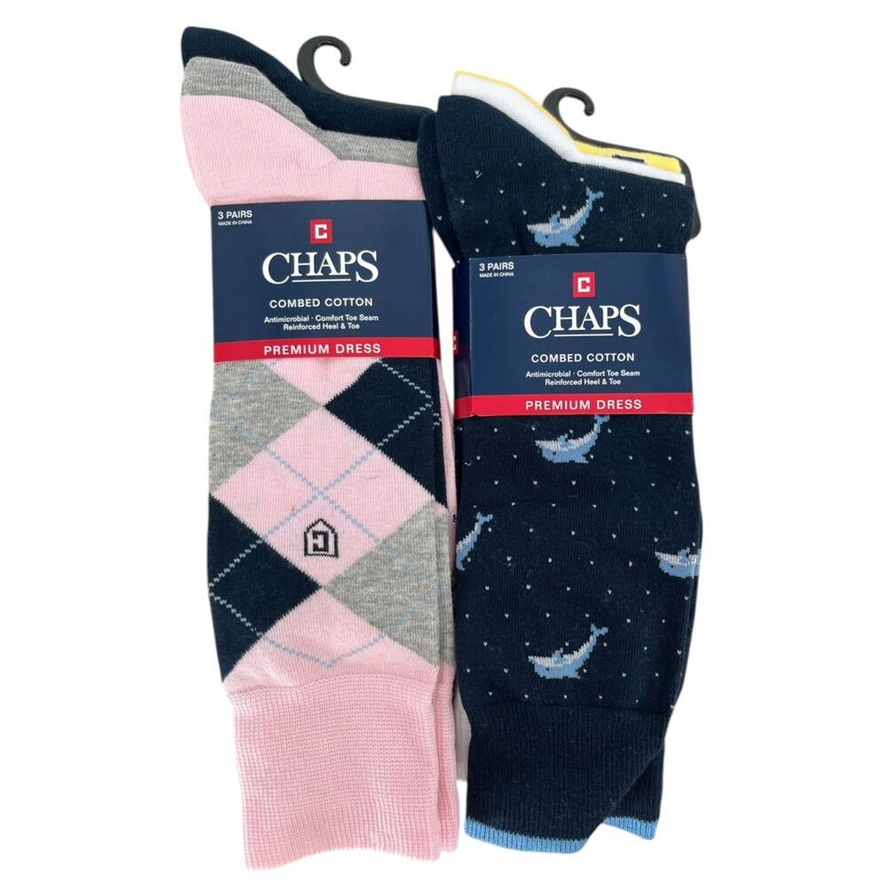 Chaps Socks 6 Pairs Combed Cotton Premium Dress Plaid 6-12.5 Mens Dolphin Boat